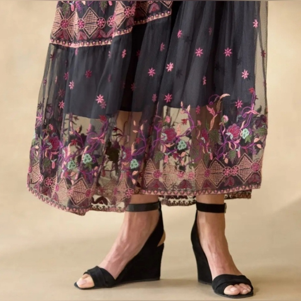 Sundance Soiree In Vienna Dress Black Sheer Embroidered Floral Maxi Boho Size PS - Picture 6 of 11